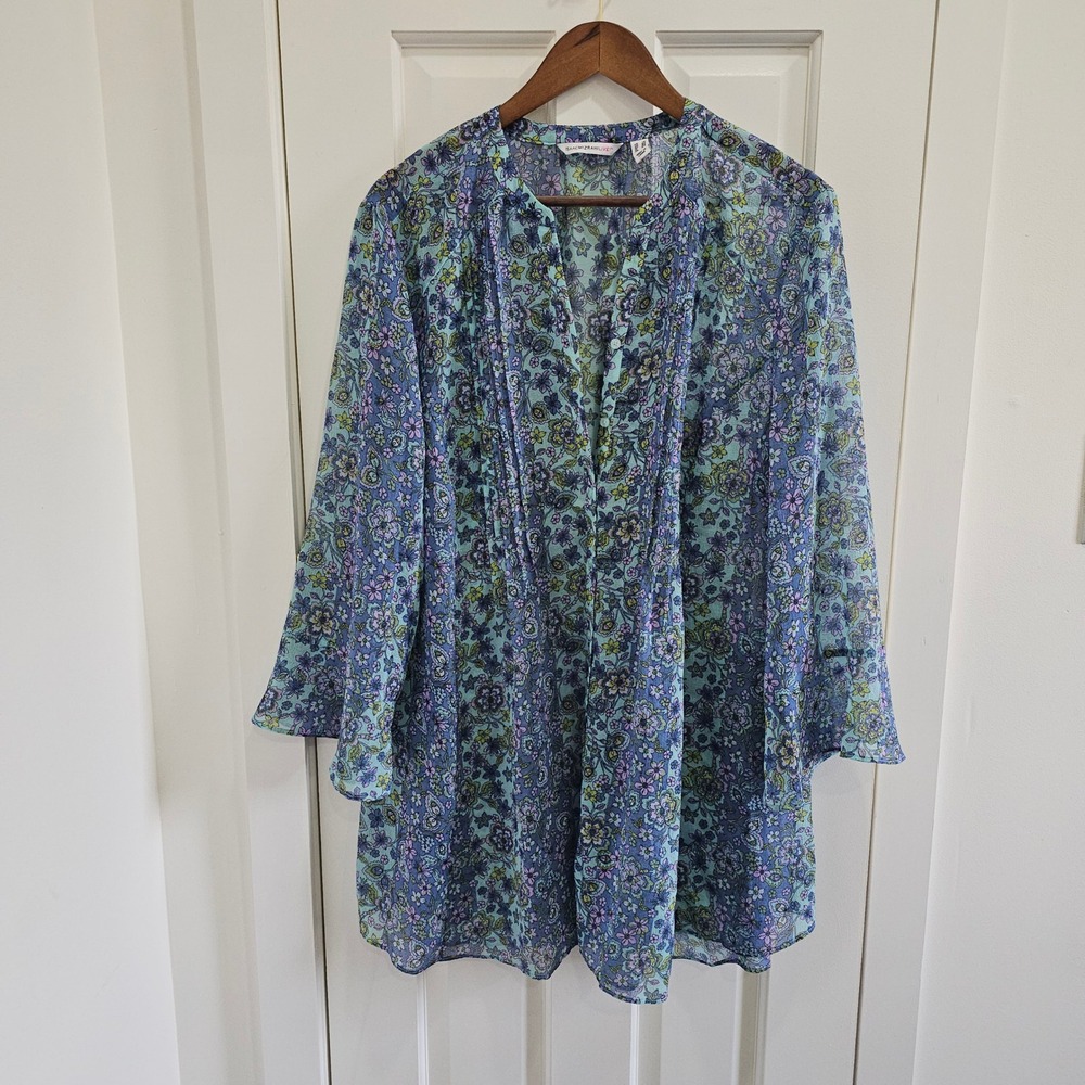 Isaac Mizrahi Live Blue Floral Pintuck Chiffon Tunic Top Womens Plus Size 16